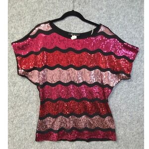 Monamie USA Sequin Wavy Stripe Top Pink Red XL FT8681 Short Sleeve Blouse